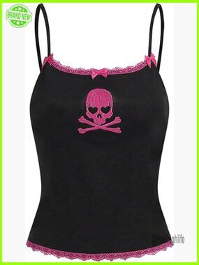 Y2K Gothic Skull Embroidered Cami Crop Top Lace Trim